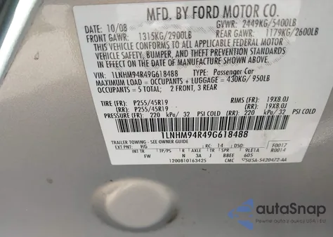 2009 Lincoln Mks from USA, damaged, VIN 1LNHM94R49G618488